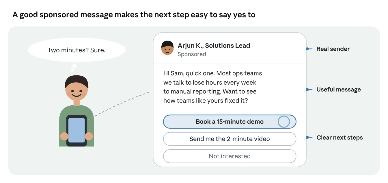 Person on a phone reading a sponsored LinkedIn message with a highlighted ‘Book a 15-minute demo’ button